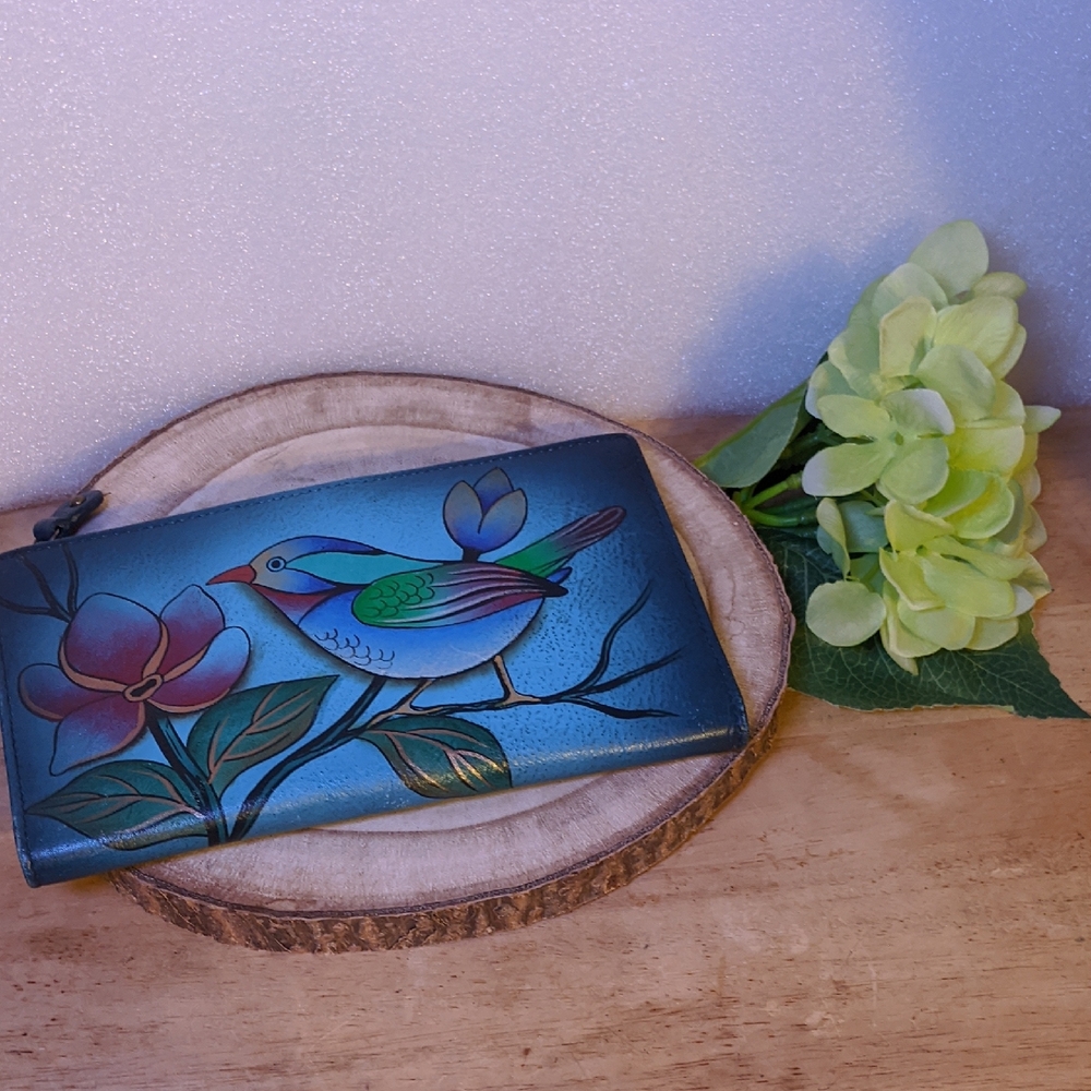 Anuschka Blue Leather Card Wallet With Hand Painted Bird & Flower